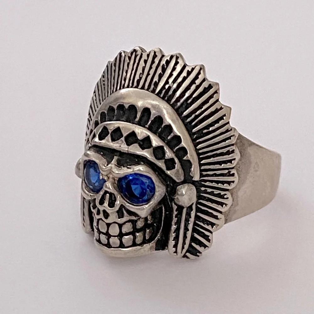 💀 925 silver biker chief skull ring sapphire blue cubic zirconia cz stones eyes